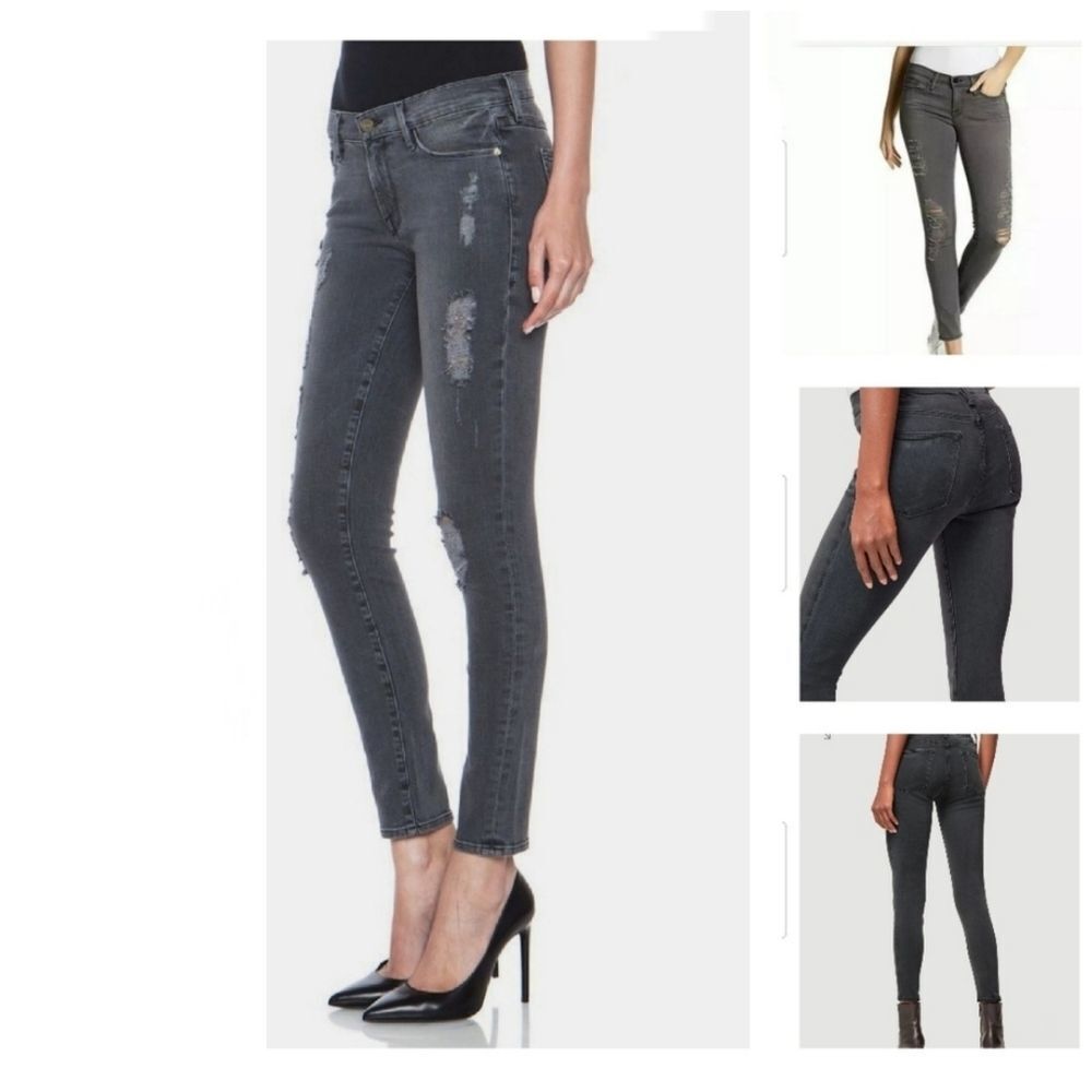 FRAME Le Skinny de Jeanne‎ Grey Distressed Cotton Blend Jean